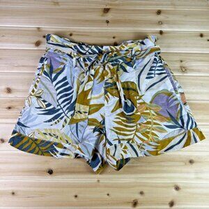 C&C California Shorts Womens Large Palm Floral 100% Linen Paperbag Shorts